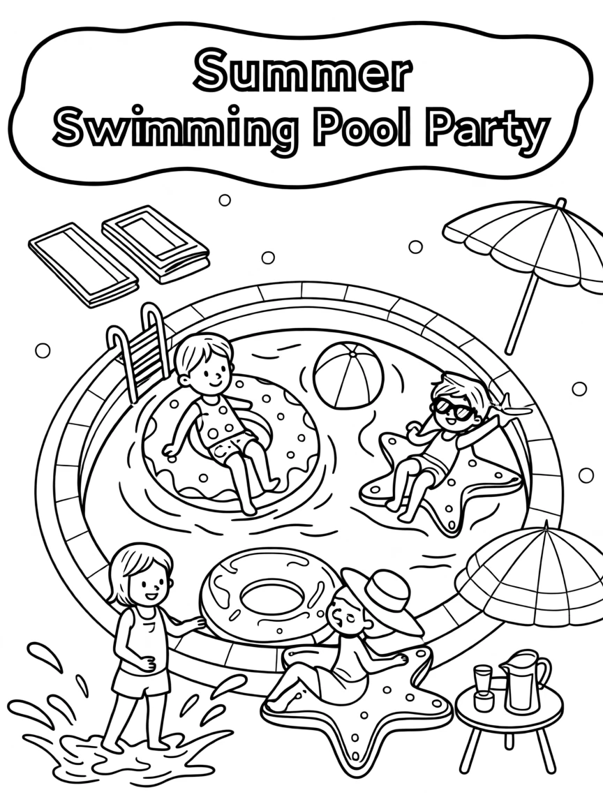 A summer swimming pool party with floating inflatables
