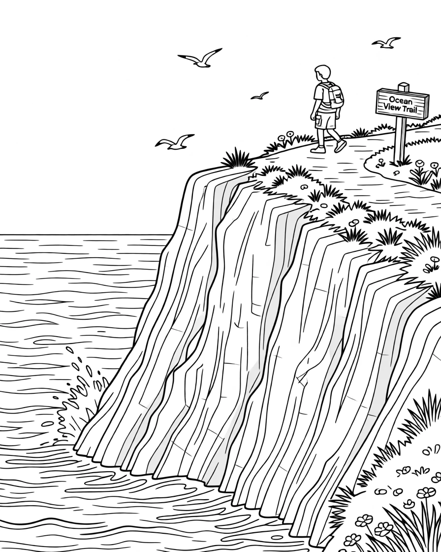 A rocky coastline with waves crashing below cliffs, with a distant figure hiking along a ridge.