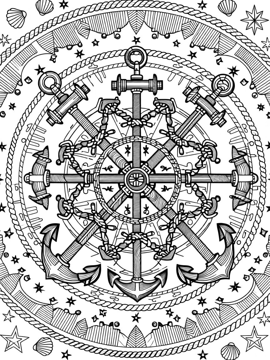 A mandala composed of interlocking anchors and rope knots.