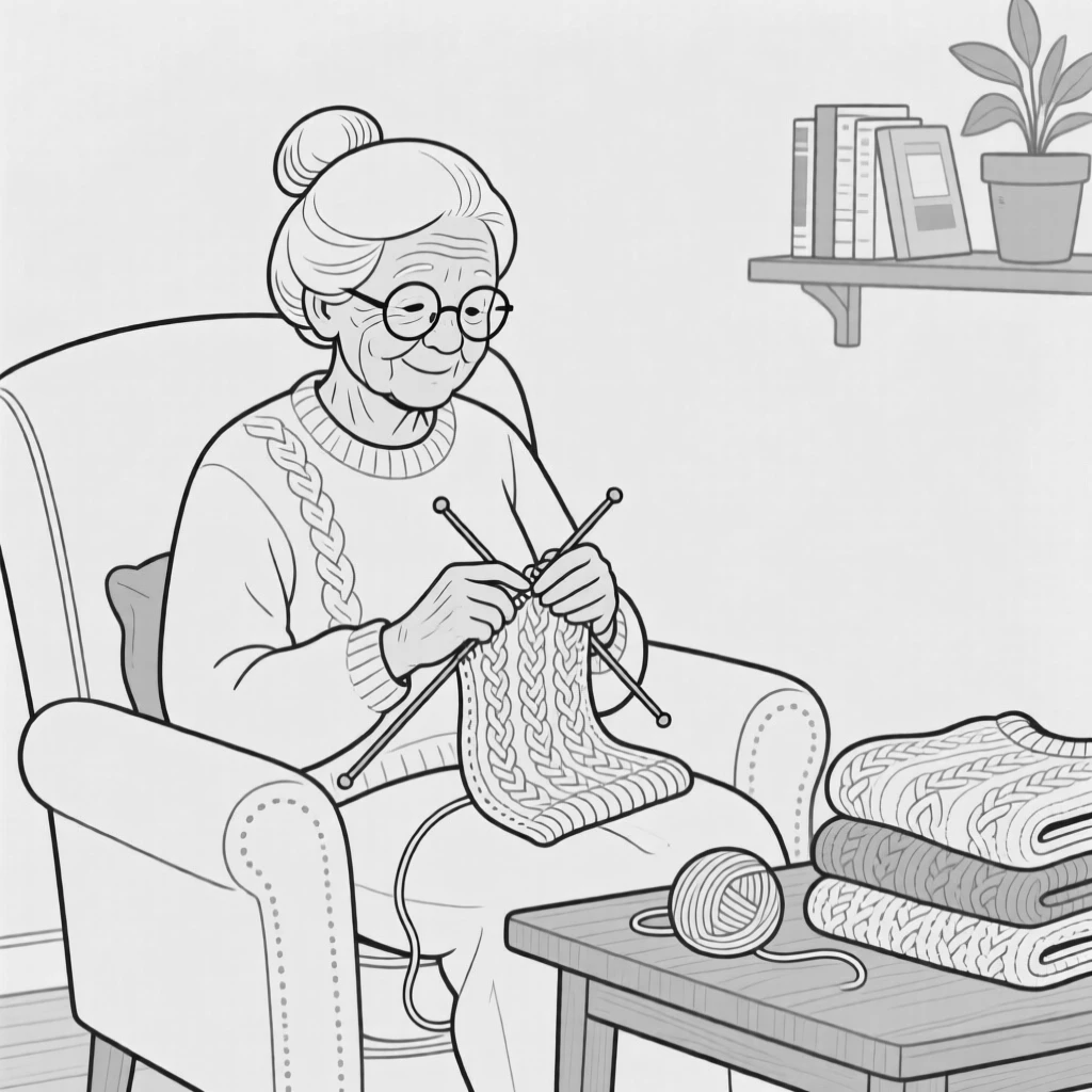 A grandmother knitting sweaters for her grandchildren