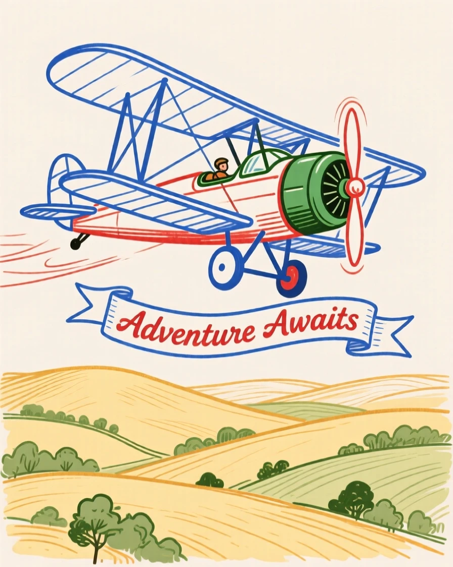 A vintage biplane flying over rolling countryside.