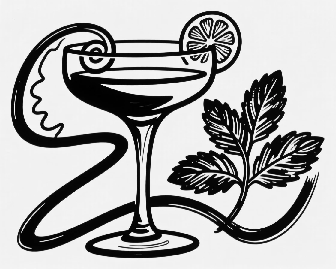 A cocktail glass garnished with a citrus twist and a sprig of mint.