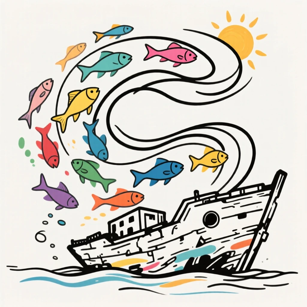 A school of colorful fish swirling together near a sunken shipwreck.