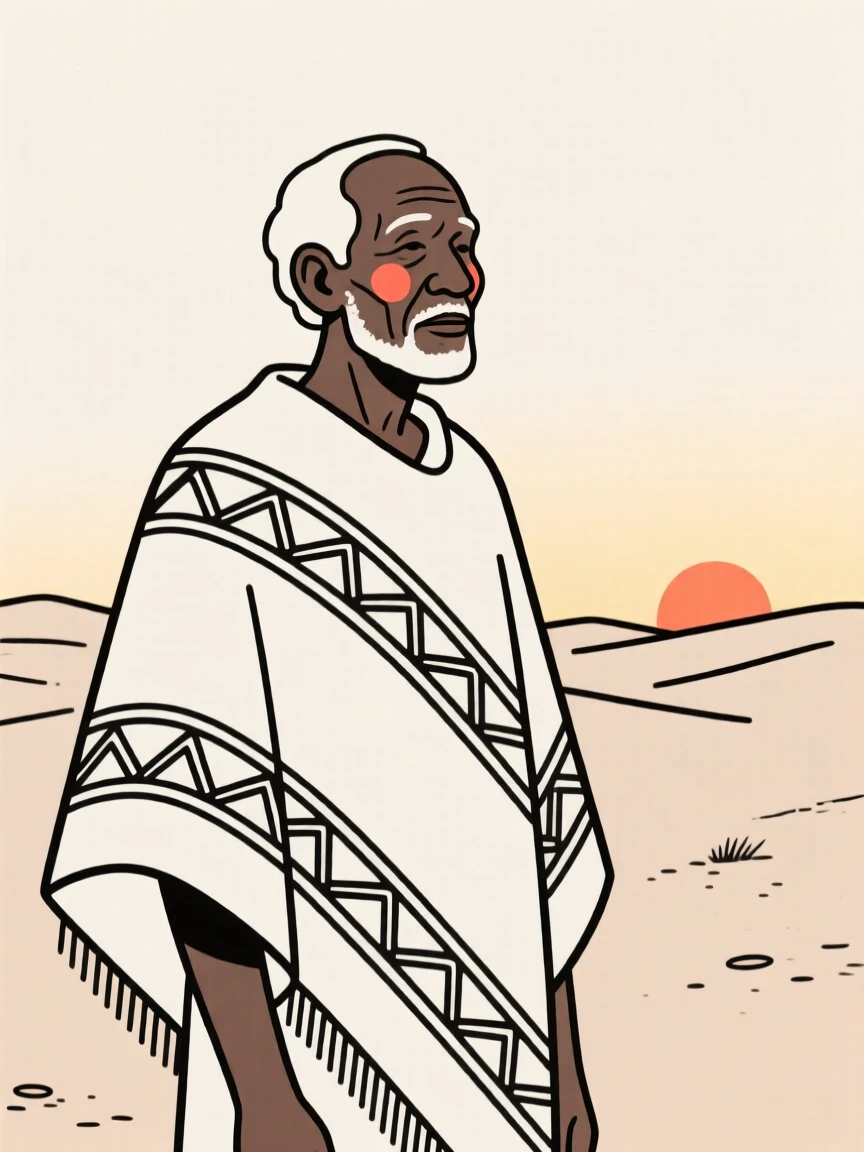 An elderly man of Jamaican heritage wearing a Peruvian woven poncho, radiating quiet confidence, in a desert at golden hour.