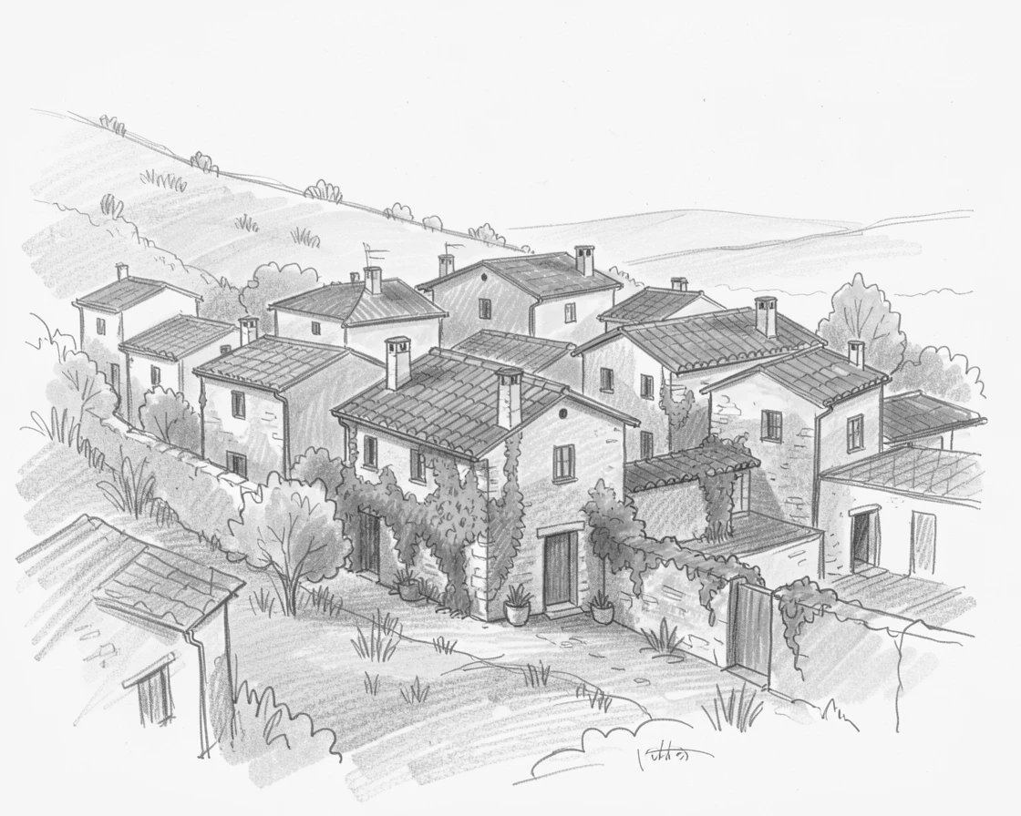 A hilltop Mediterranean village bathed in warm afternoon light, with lush ivy climbing the walls.