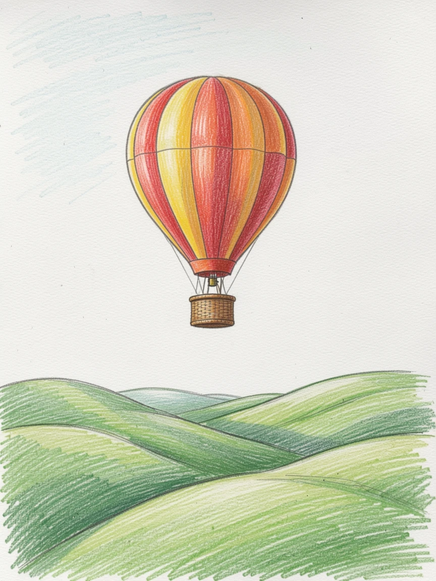 A hot air balloon drifting peacefully above rolling green hills, arranged with simple, uncluttered composition, perfect for a calming, meditative atmosphere.