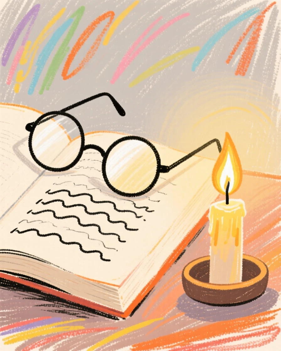 A pair of reading glasses beside a novel placed beside a softly glowing candle.