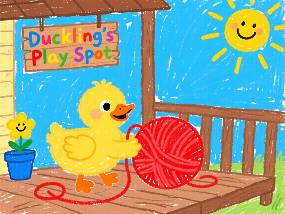 A fluffy duckling playing with a ball of yarn on a porch.