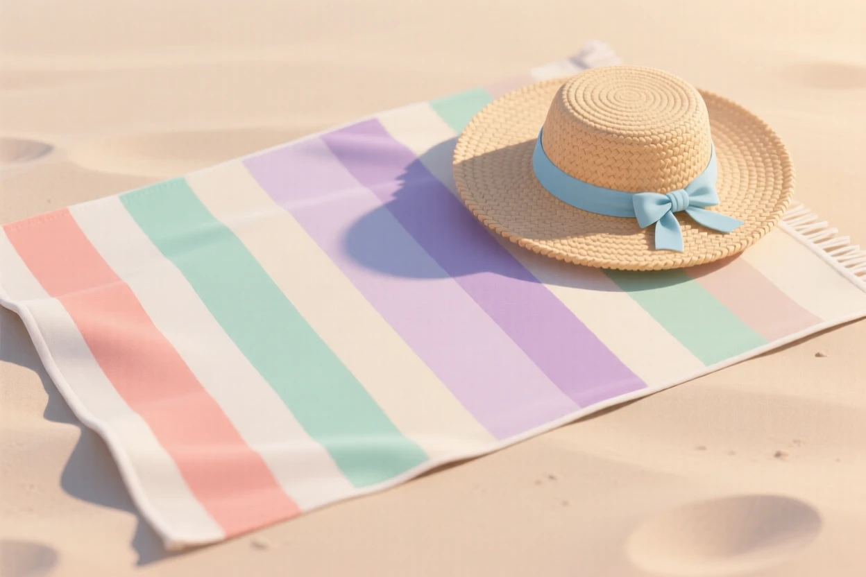 A relaxing beach day setup with a striped towel and sun hat, arranged in a softly lit evening setting, arranged in a neatly styled flat lay composition, with gentle pastel tones evoking calm and comfort.