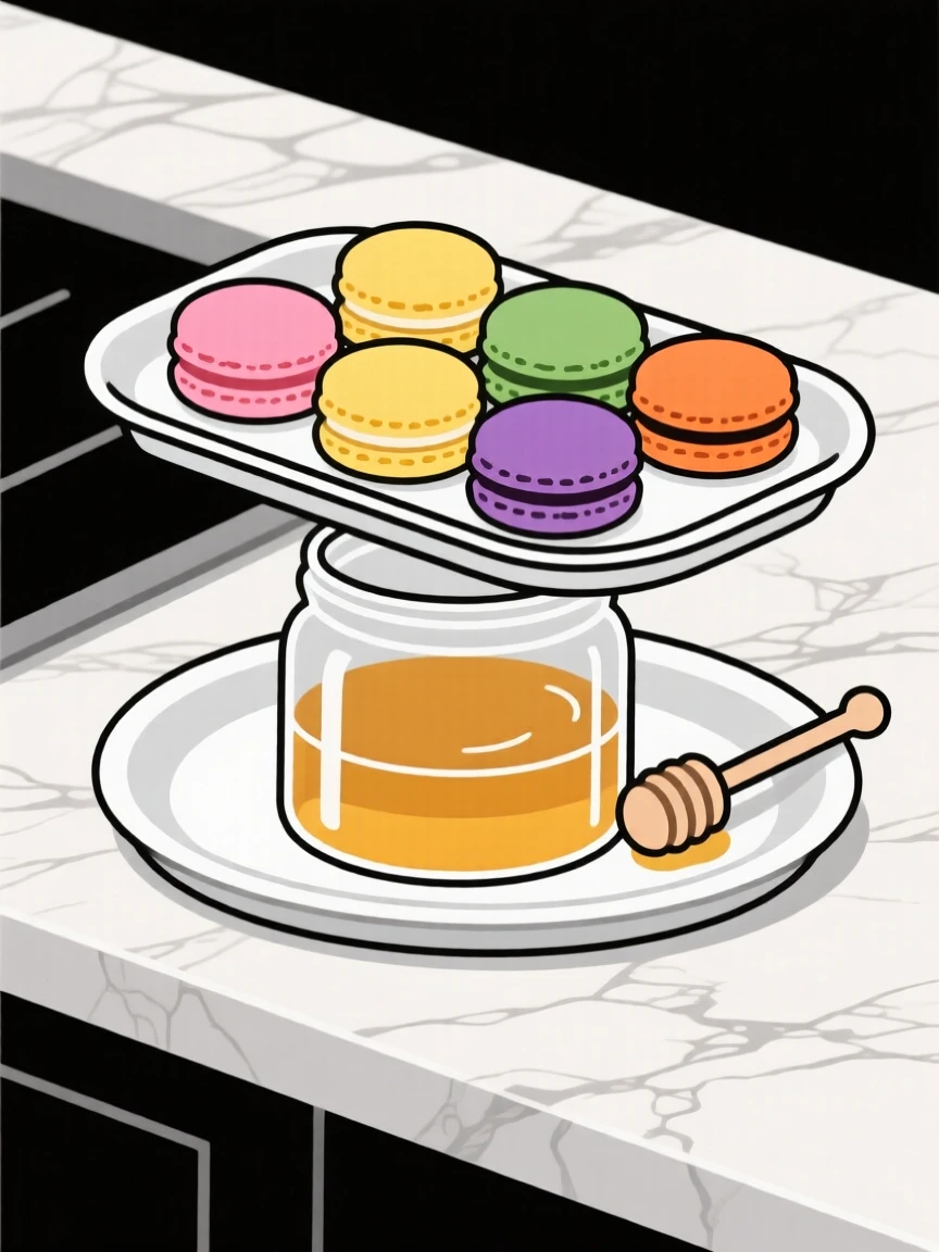 A freshly prepared tray of colorful macarons served on a glass jar of honey, set in a marble countertop, inviting festive celebration.