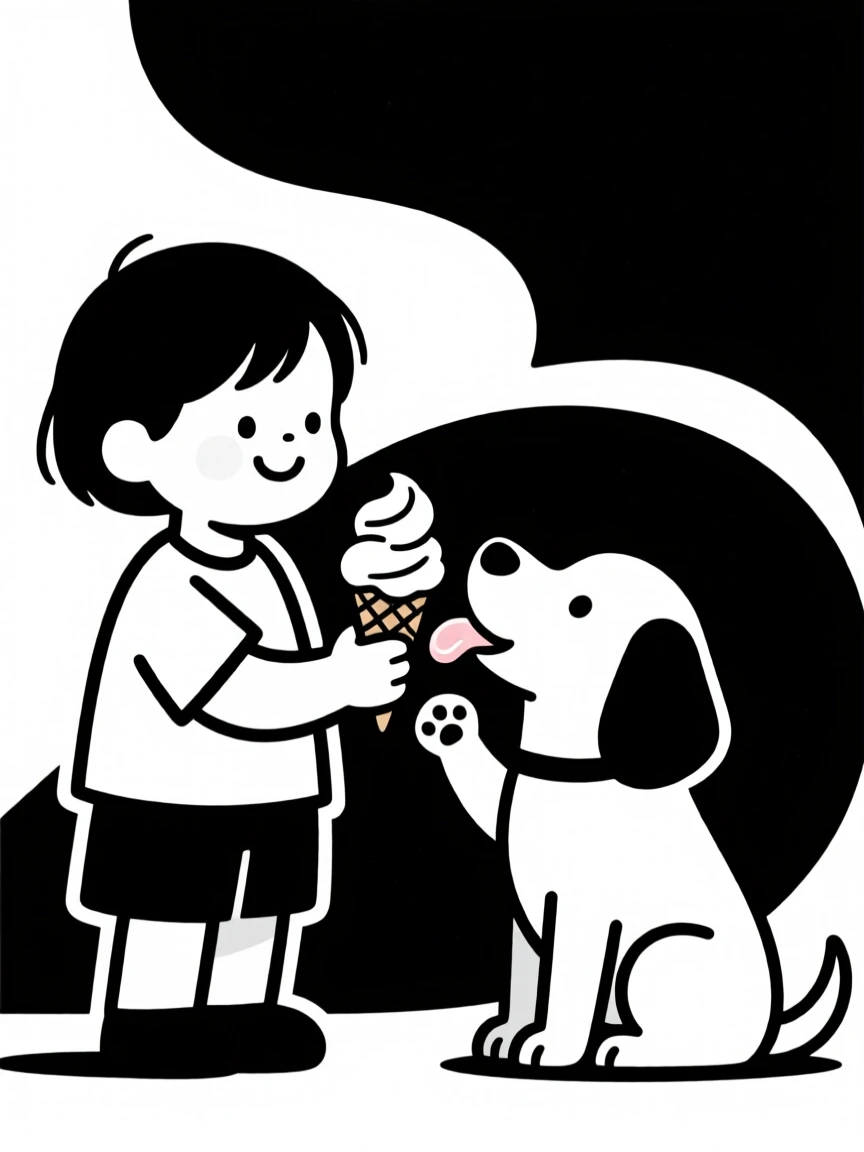 A child sharing an ice cream cone with a puppy.