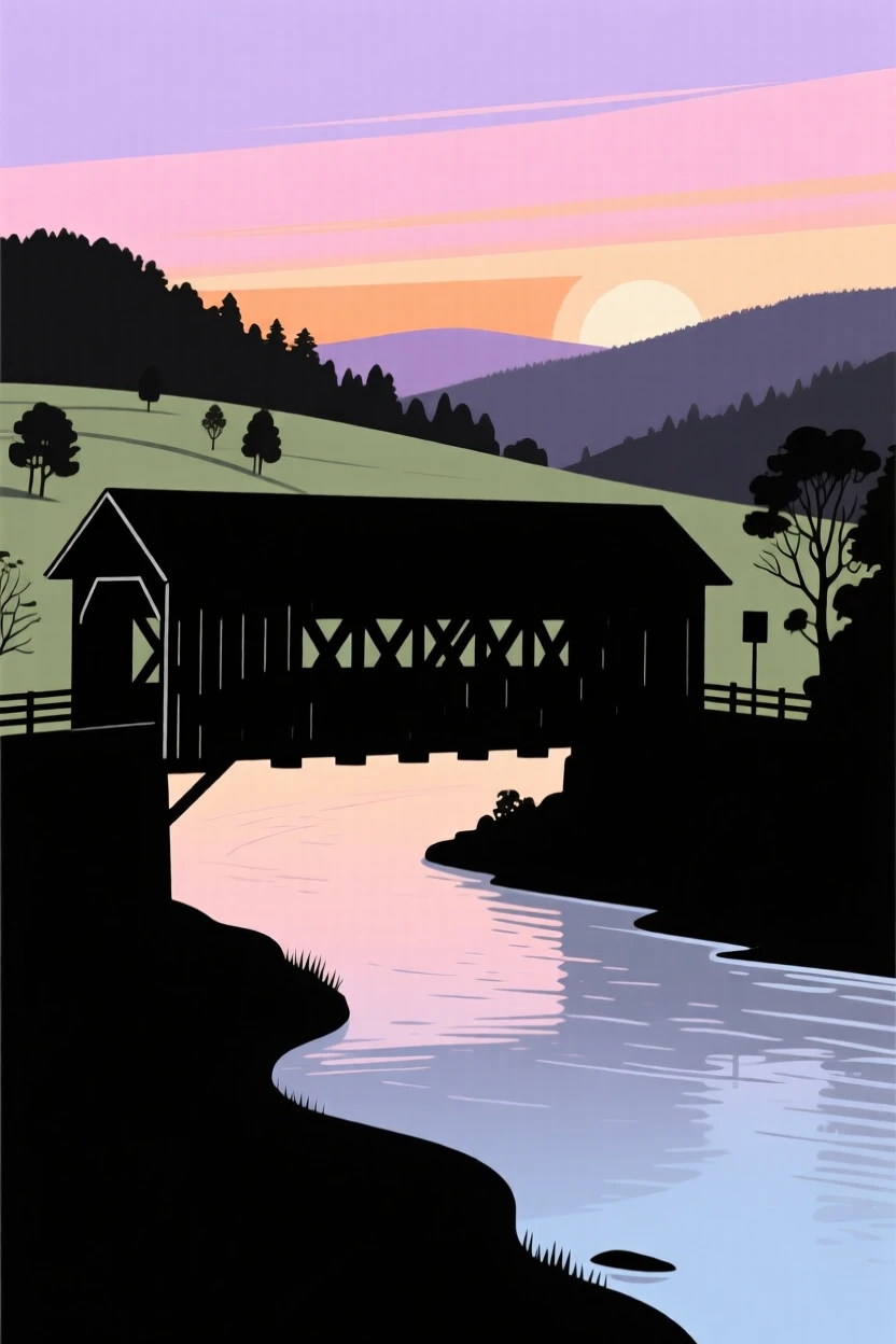 An old covered bridge spanning a quiet river in a rural valley.