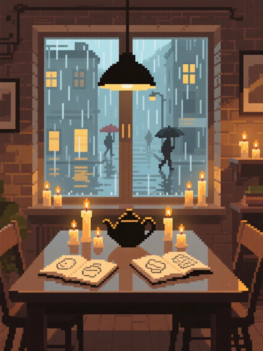 A tea room table surrounded by candles and open sketchbooks, in a loft apartment above a rainy street.