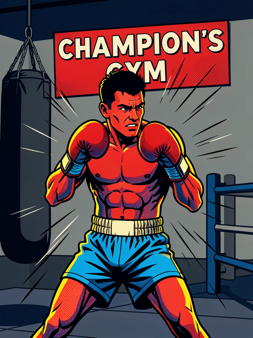 A boxer training hard inside a dimly lit gym