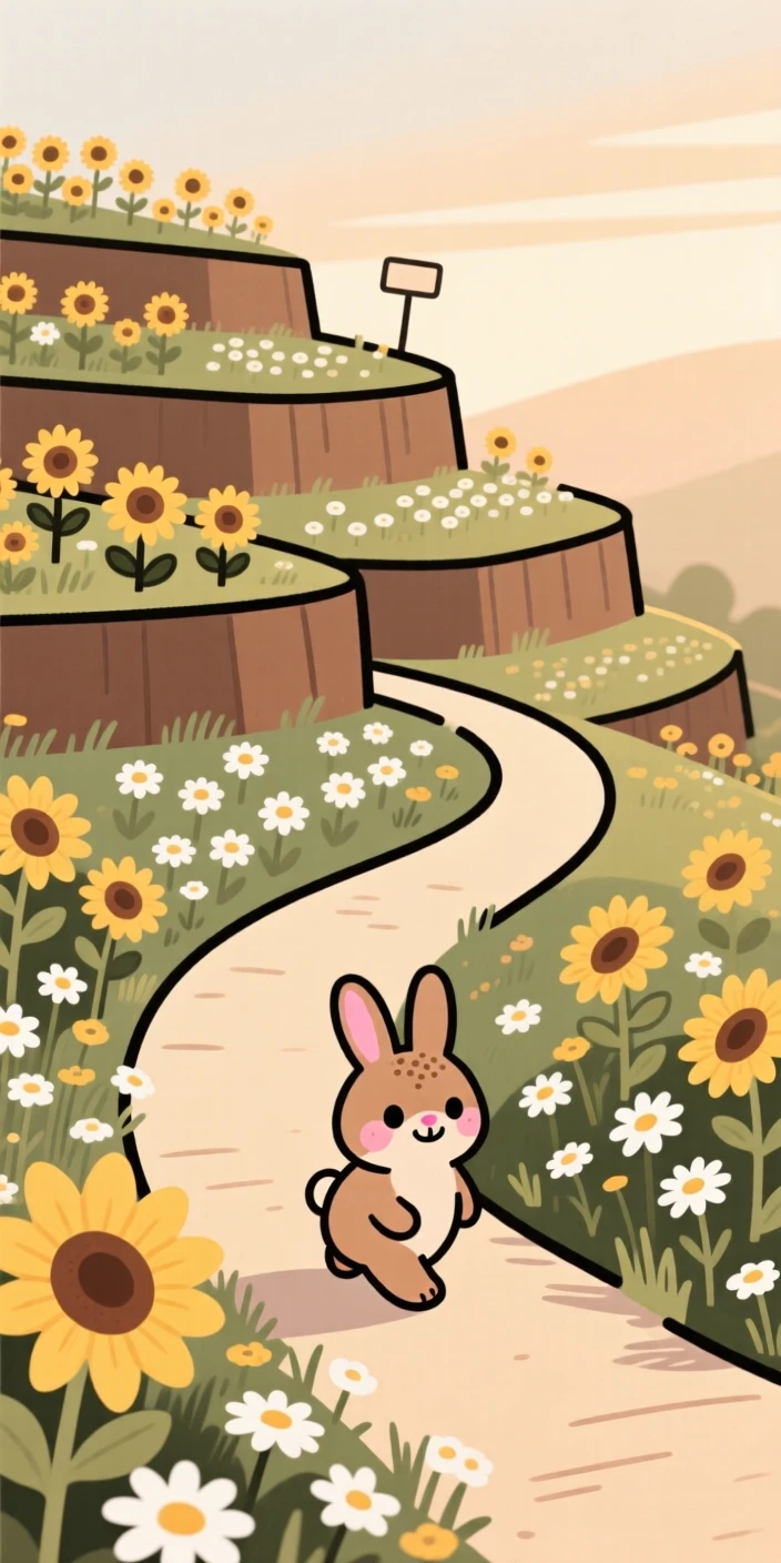 A winding path leads through a terraced hillside garden bursting with sunflowers and daisies, where a small rabbit pauses among the blooms.