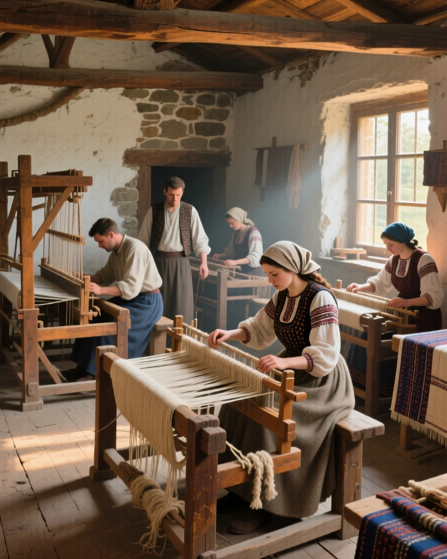 A sweeping wide shot of a group of weavers working at wooden looms by a window, in the Balkans, in the 1940s.