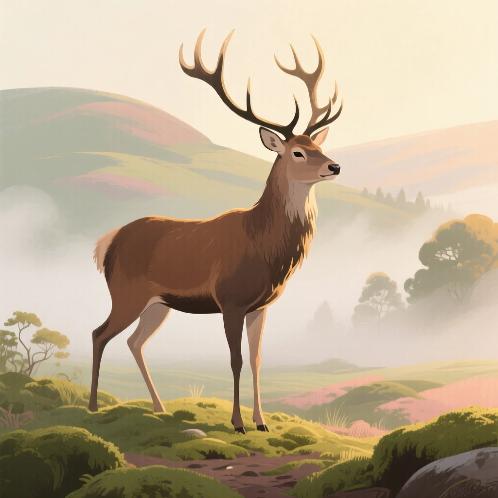 A majestic stag standing in a misty highland glen