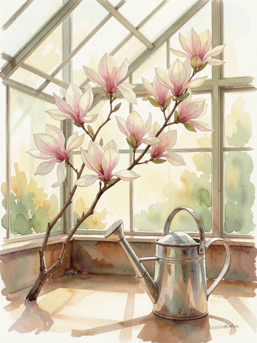 A branch of magnolia blossoms in a sunlit greenhouse next to an antique watering can.