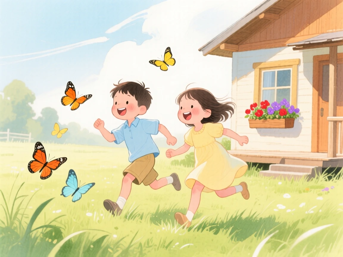 Two giggling siblings chases butterflies through the grass beside a family cabin, laughter and joy filling the warm afternoon air