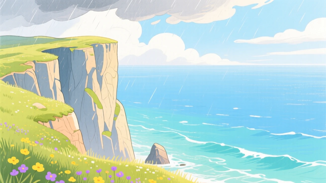 A dramatic cliffside overlooking the ocean, peaceful and vast, just after a summer storm.