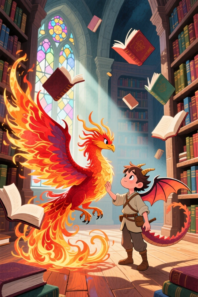 A dragon rider taming a phoenix that has just been born from flame, in a mystical library with floating books, filled with wonder and magical excitement.