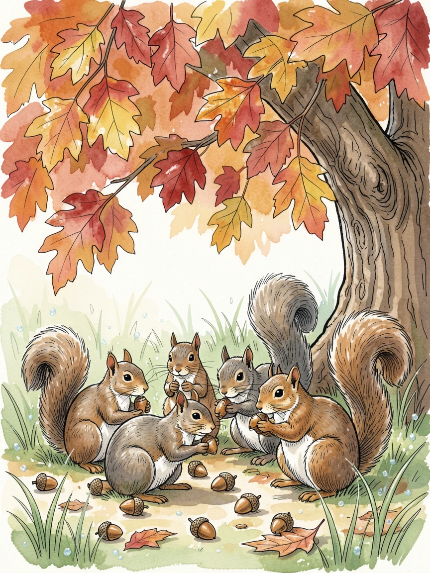 A group of squirrels gathering acorns beneath a canopy of autumn leaves, morning dew still clinging to the grass and leaves nearby.