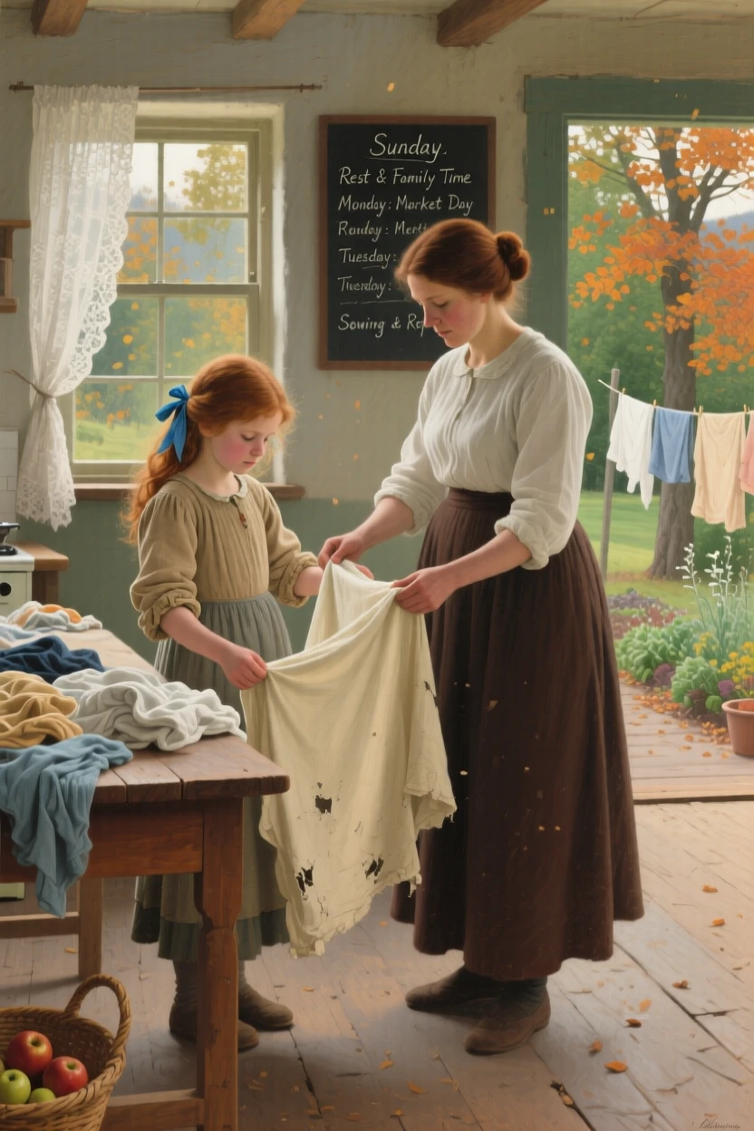 A young girl helping her mother fold laundry on a Sunday afternoon, as the changing season is reflected in the surrounding setting, radiating comfort, love, and togetherness