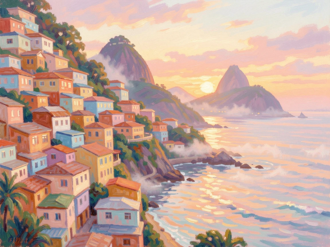 A colorful Rio de Janeiro hillside neighborhood of stacked houses overlooking the bay at sunset.