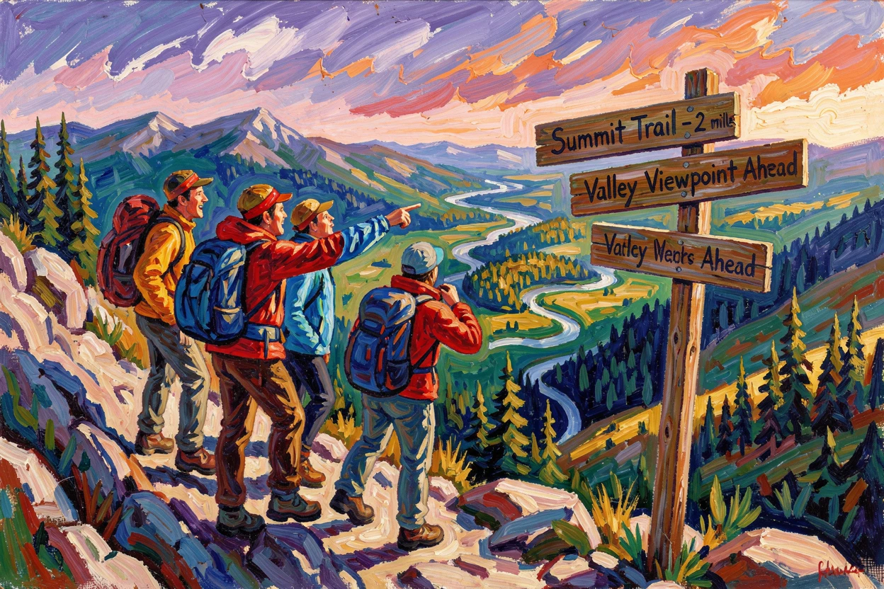 A group of hikers pausing to admire a sweeping valley view from a mountain trail.