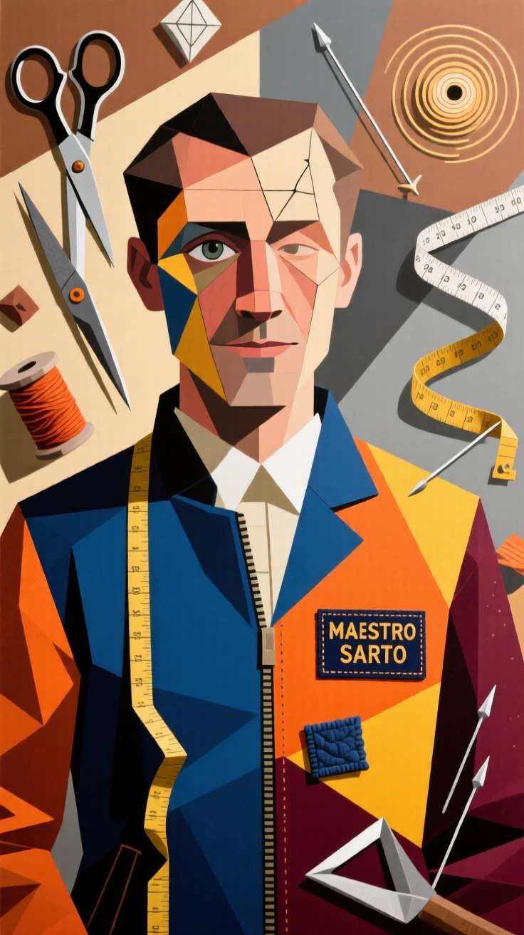 A medium shot portrait of a tailor surrounded by the tools of the trade, focused and content in the craft.
