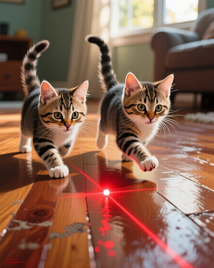 A playful pair of kittens chase a red laser dot across a hardwood floor, bodies low and tails twitching in focused pursuit, small details in its fur or feathers catching the light with remarkable clarity.