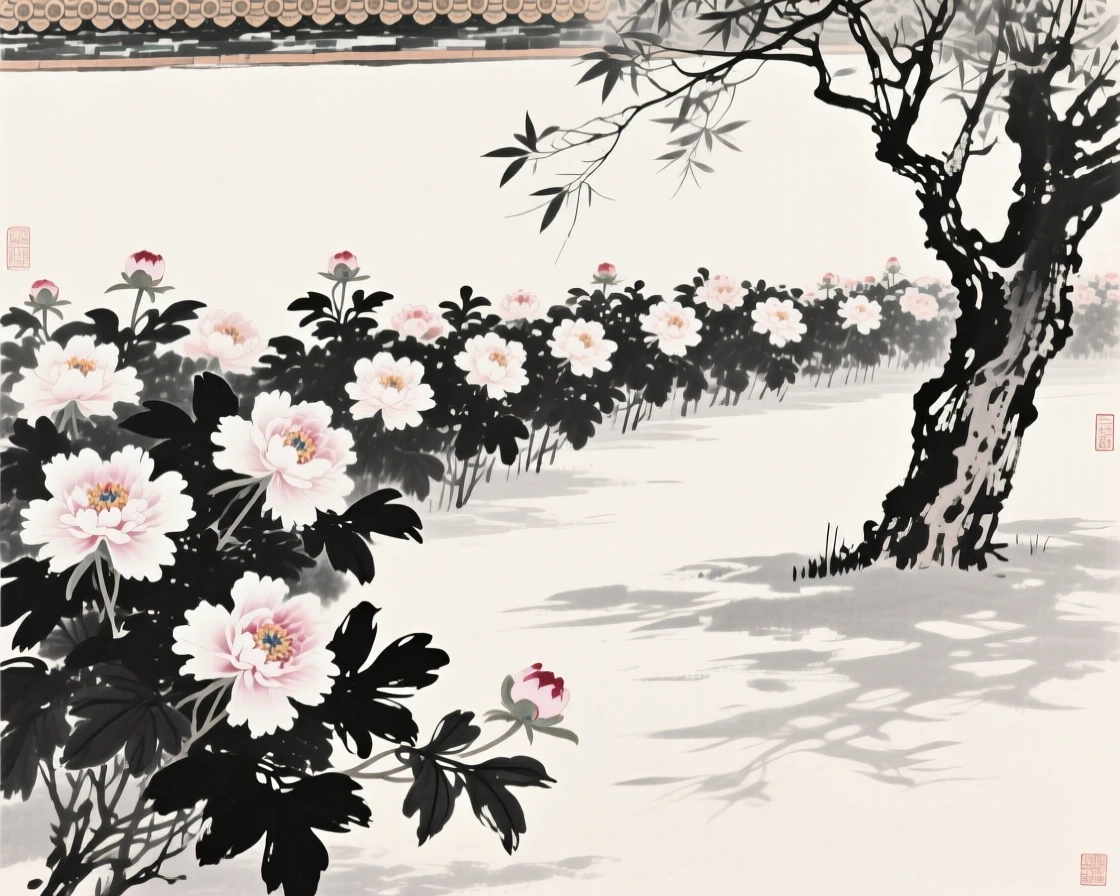 Rows of peonies in a palace garden open beneath the summer sun, beneath the dappled shade of a nearby tree.