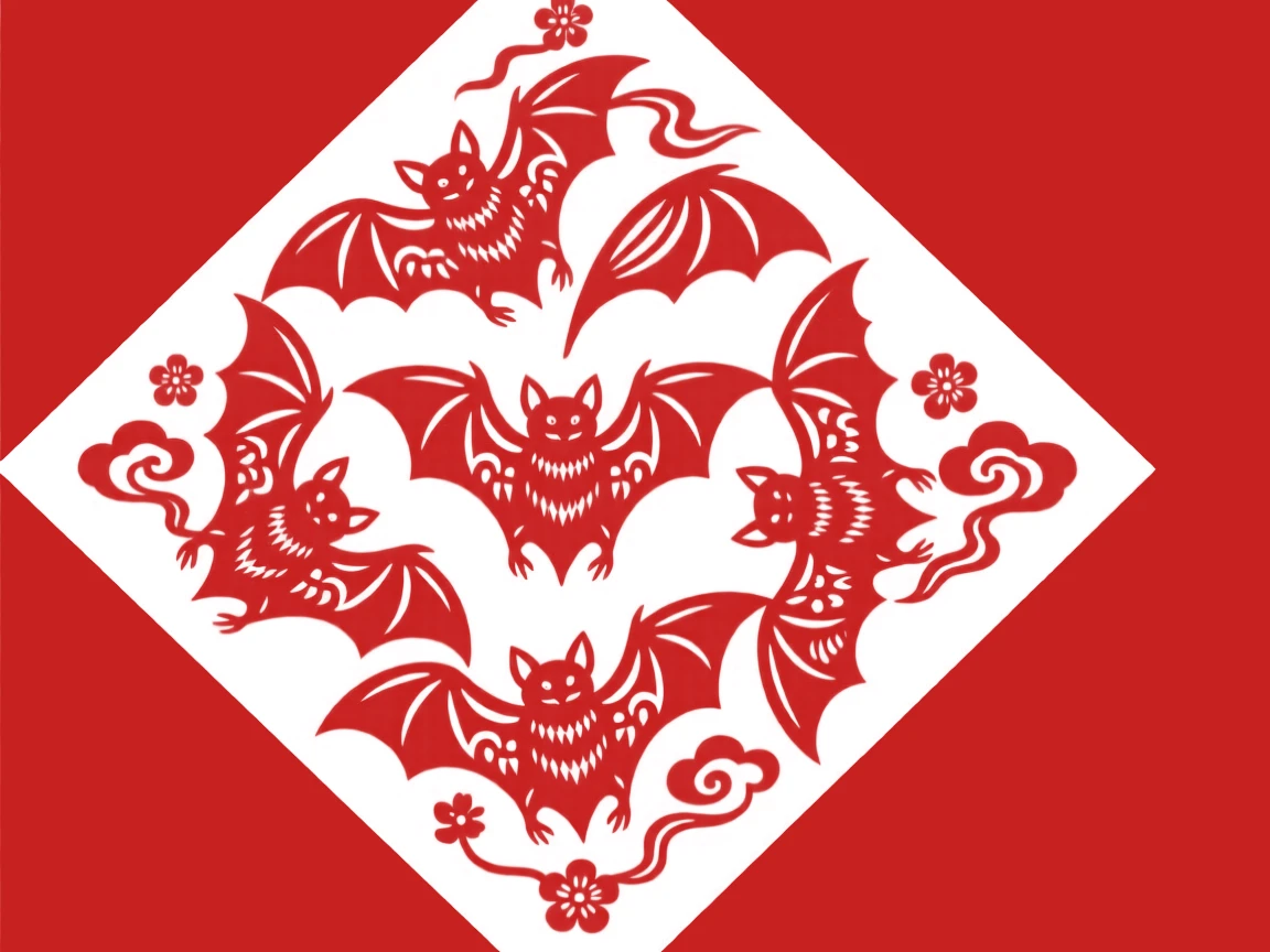 Five bats in circular formation, centered within a diamond-shaped panel, an emblem of protection and quiet strength.