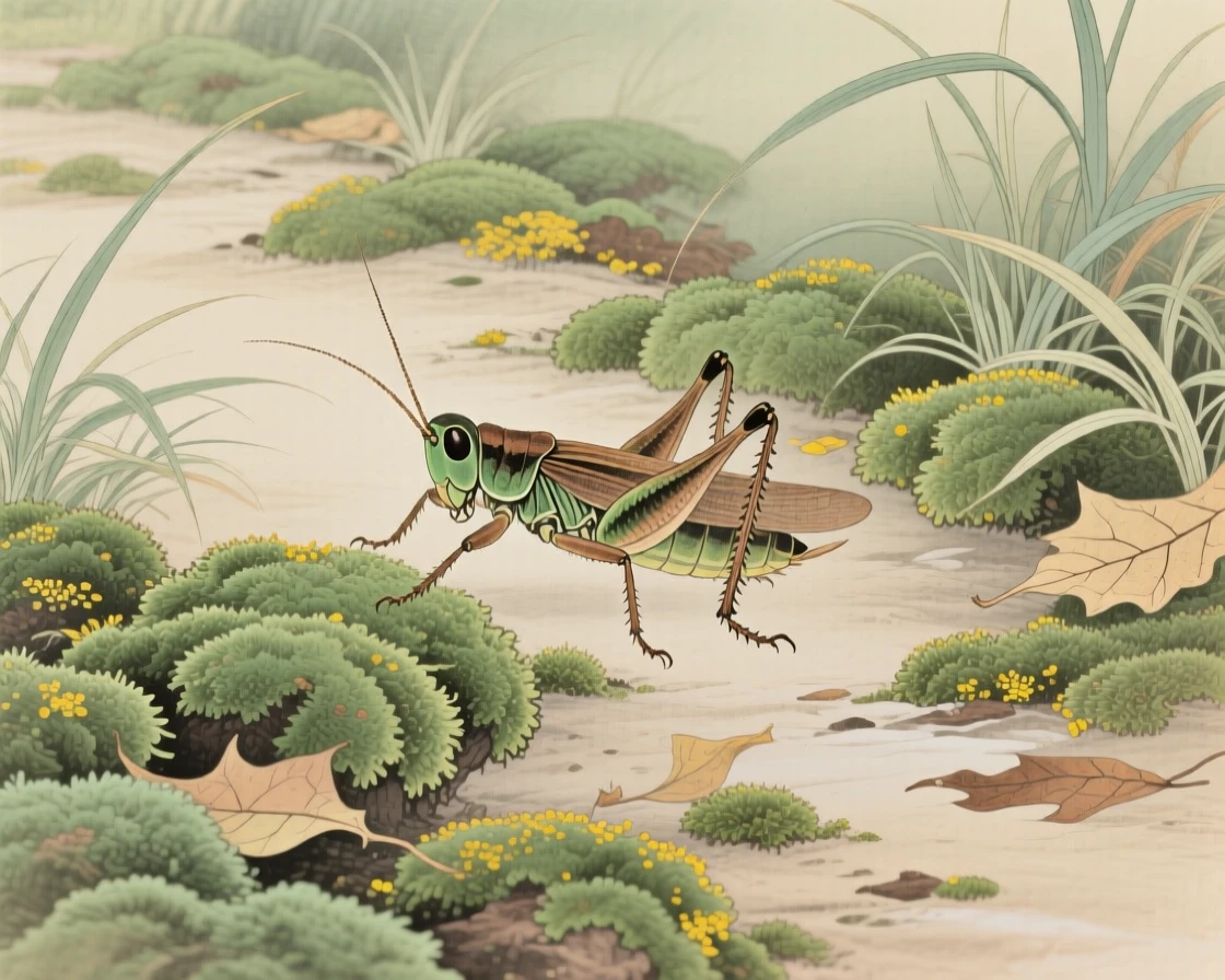 A cricket exploring a moss-covered garden path