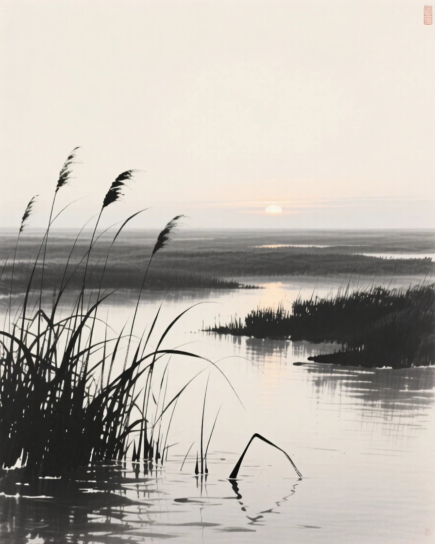 A tranquil marsh dotted with reeds and still water in the stillness just before sunrise, composed with wide open space above to emphasize the scale of the sky, suggesting the quiet vastness of the natural world.