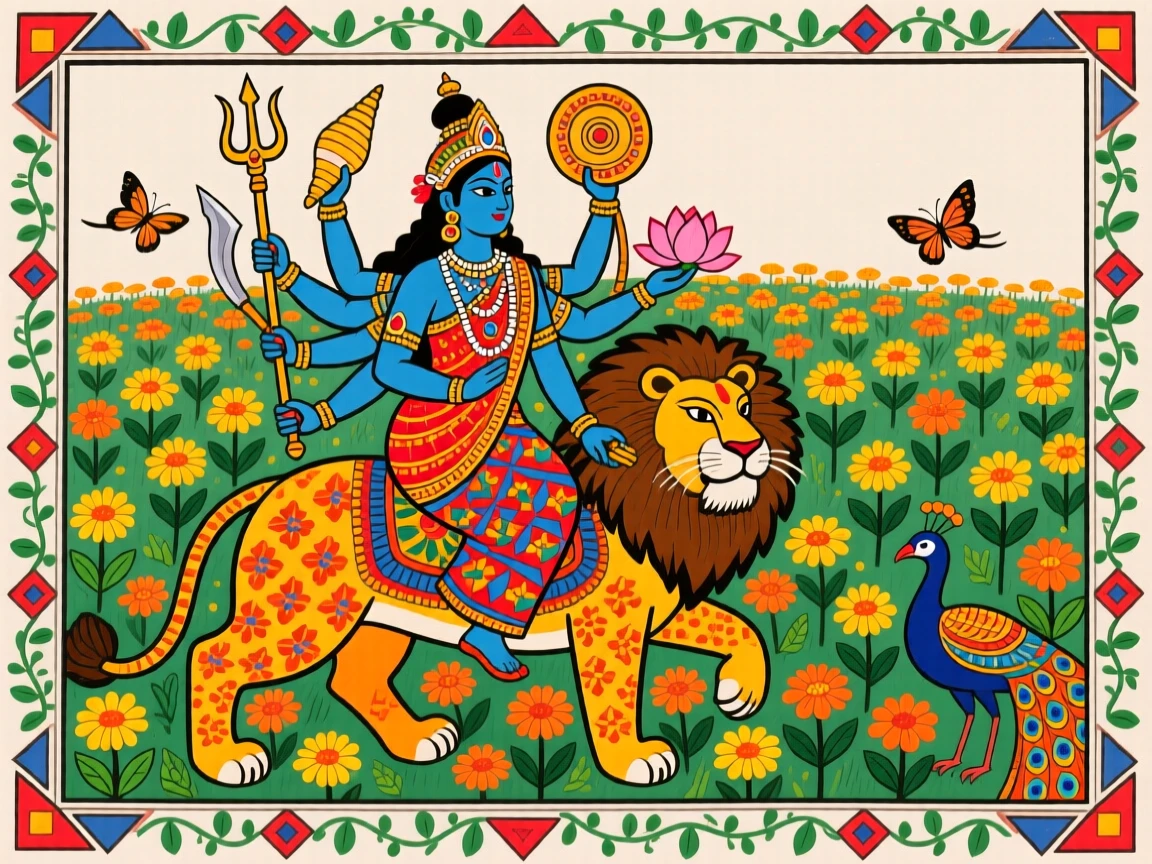Durga riding her lion through a field of blooming marigolds.