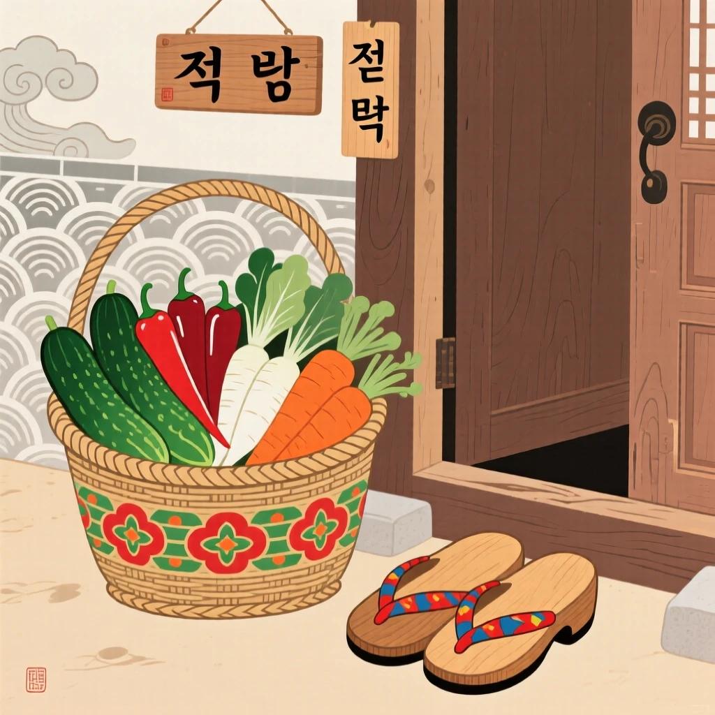 A woven basket of fresh vegetables beside a pair of wooden clogs at a doorway.