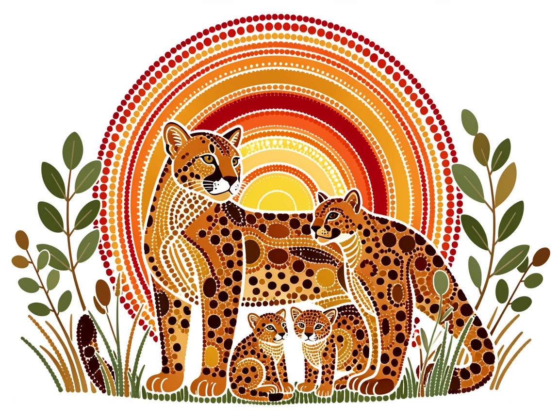 A cougar family gathered at sunset