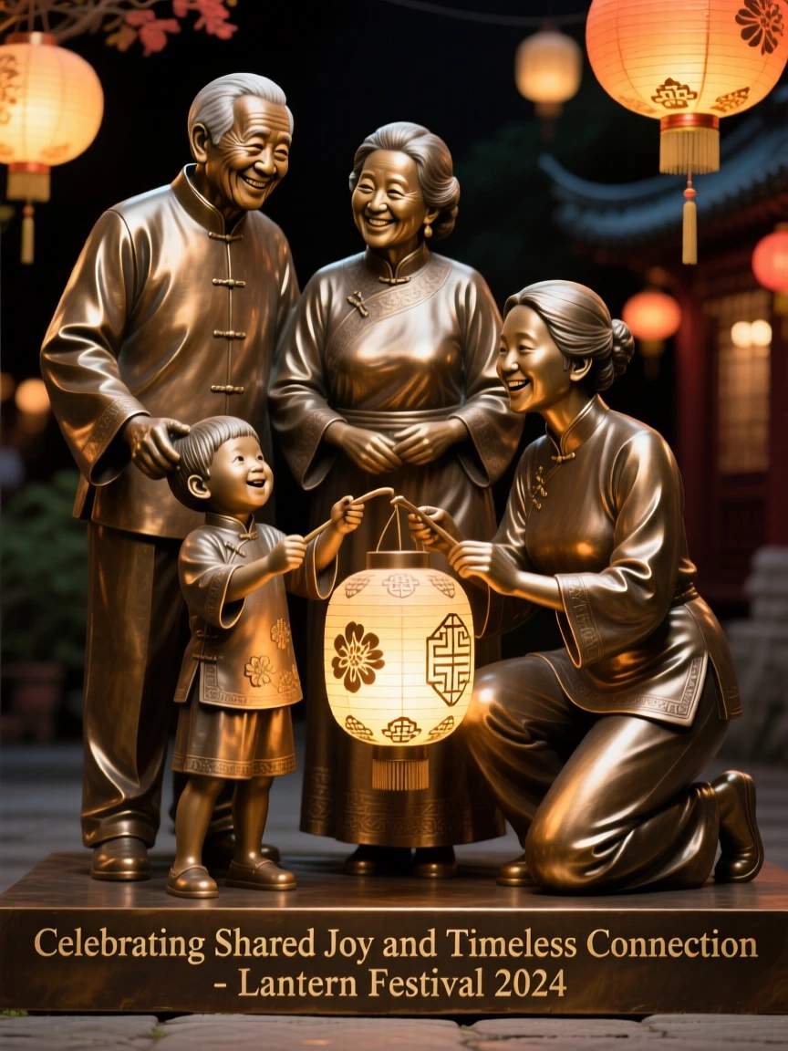 A family celebrating a traditional lantern festival, evoking timeless human connection, celebrating shared human joy