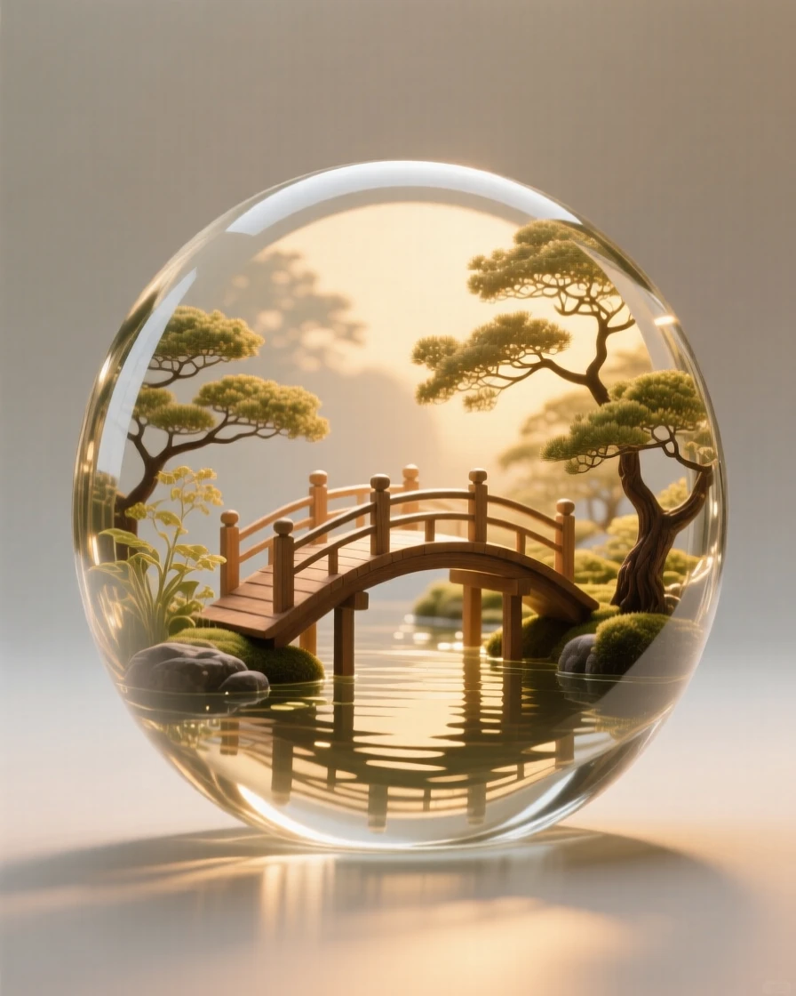 A tranquil Japanese garden with a curved wooden bridge, captured in soft golden light with layers of atmospheric depth, evoking peace and quiet grandeur.