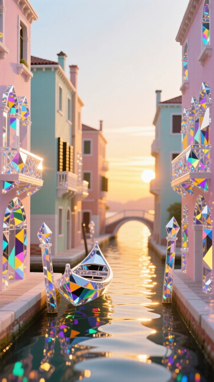 A Venetian canal lined with pastel-colored buildings at golden hour.