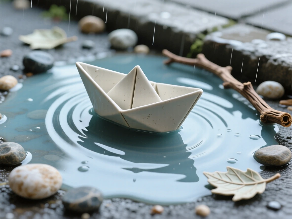 A paper boat floating on a rippling puddle staged with careful, artful precision, framed by a scattering of small complementary props, stirring fond memories of simpler times.