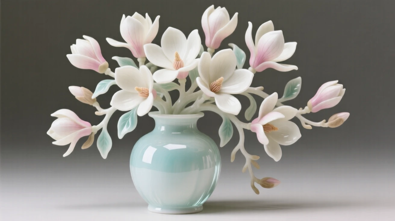 A lush arrangement of magnolias in a delicate glass jar, arranged in a graceful cascading style.