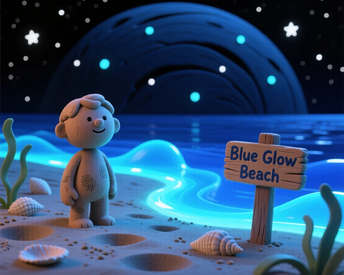 A bioluminescent beach glowing blue beneath a starry night sky