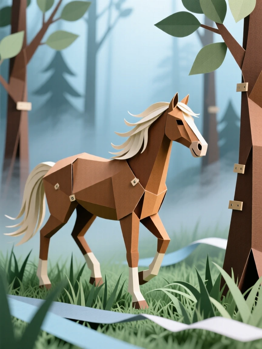 A proud stallion exploring a misty forest at dawn, with a gentle breeze rustling the grass, evoking innocent charm and gentle curiosity.