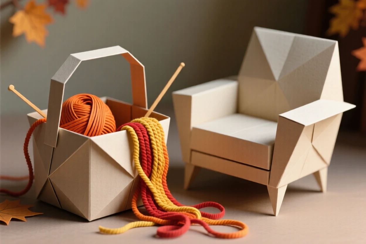 A knitting basket beside an armchair, yarn spilling over the edge in warm autumn colors.