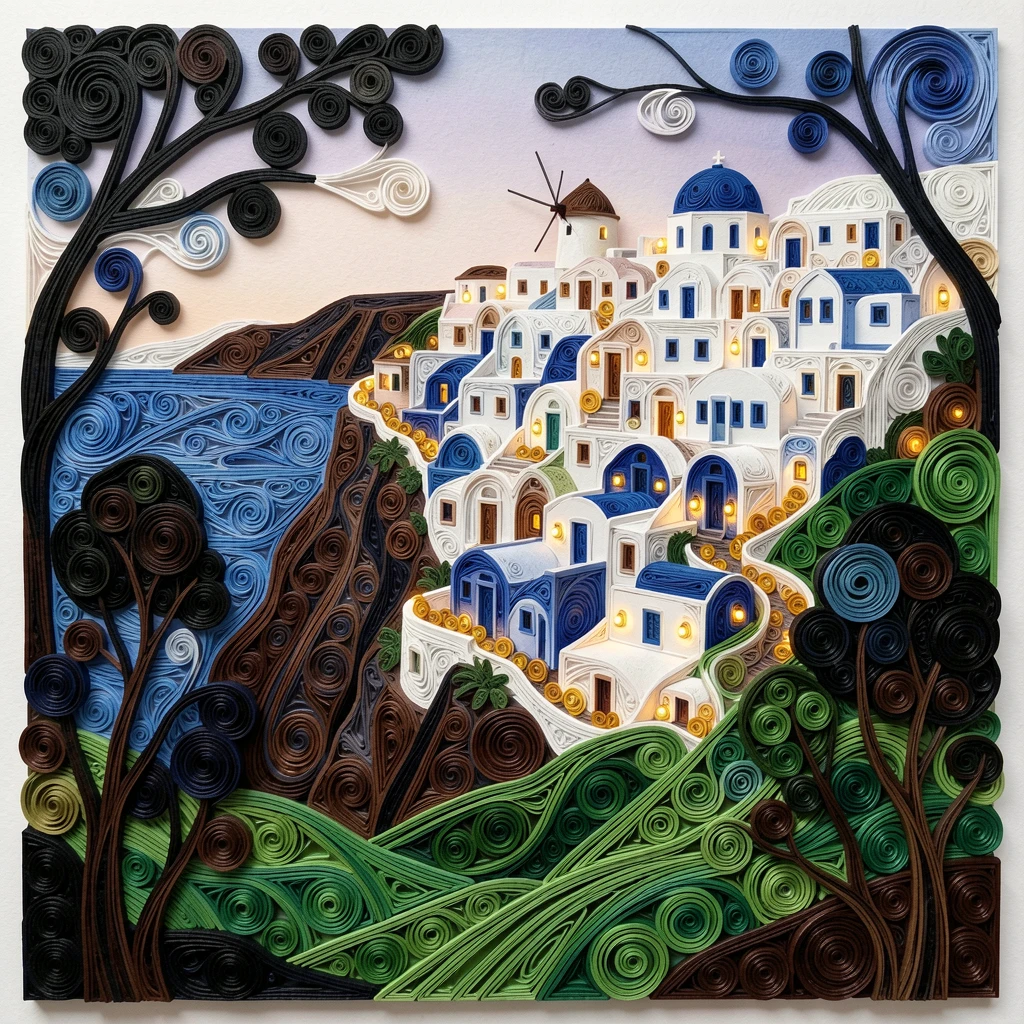 A breathtaking view of Santorini's white and blue buildings cascading down a cliff surrounded by rolling green hills, with twinkling lights beginning to glow at dusk, framed by silhouetted trees in the foreground.