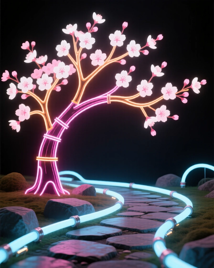 A cherry blossom tree in full bloom over a stone pathway.