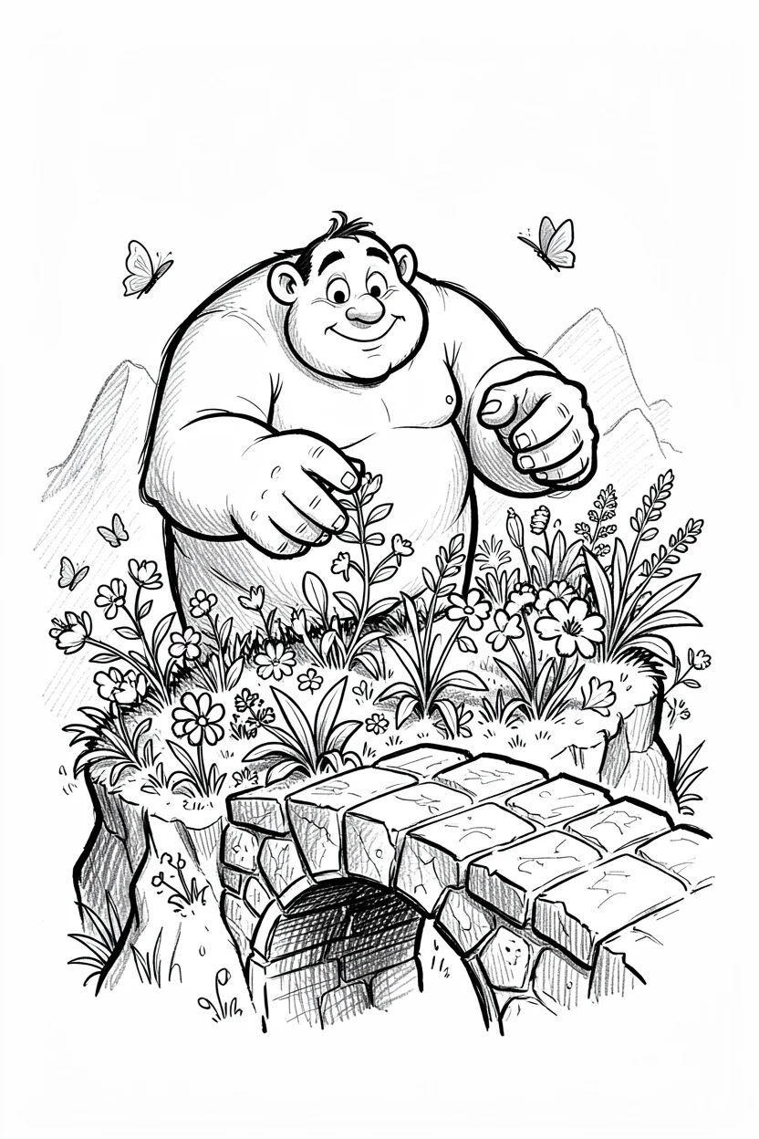 A gentle giant tending a mountaintop garden beside an old stone bridge.
