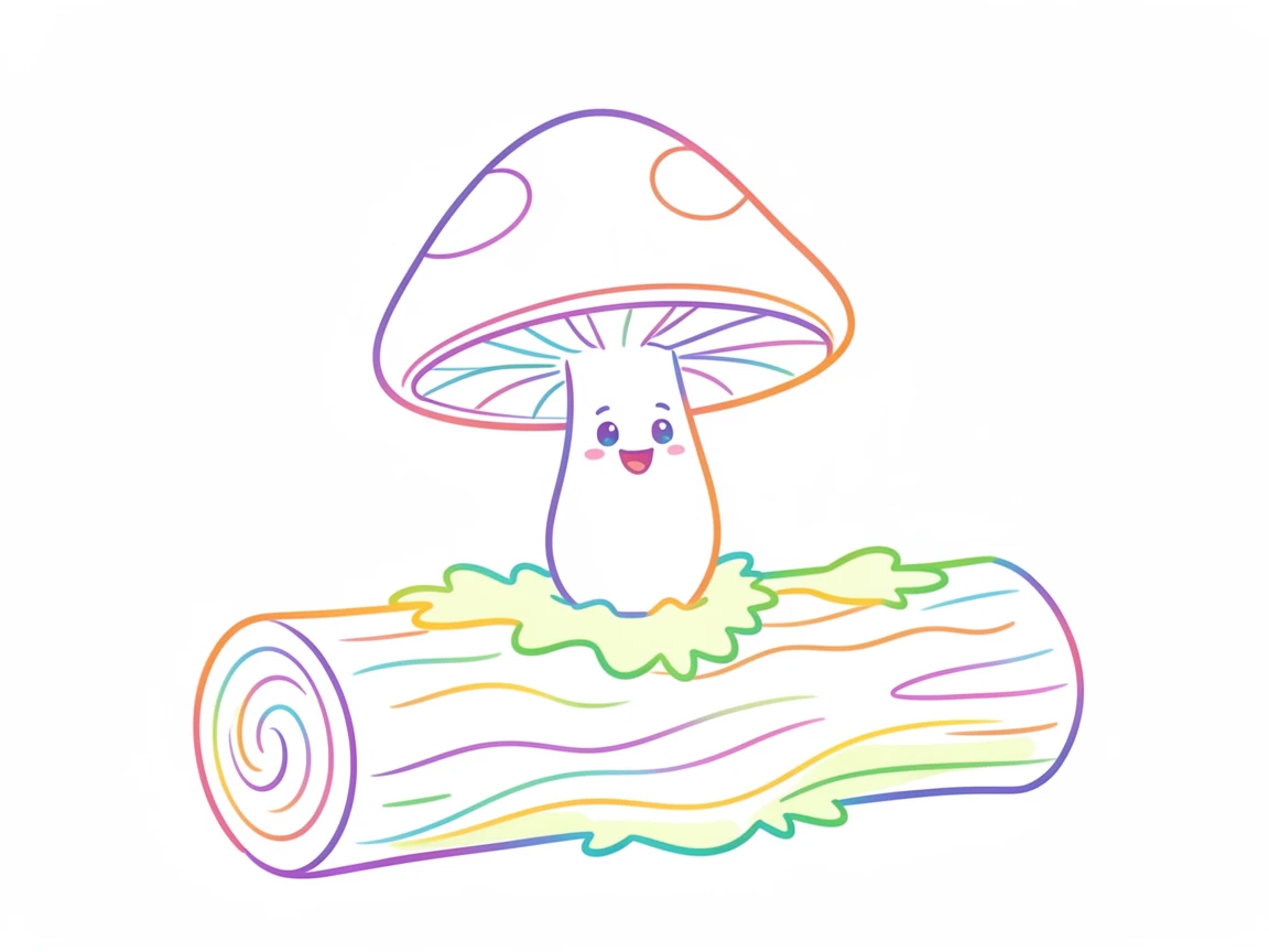 A cheerful mushroom character with a tiny face growing on a mossy log.